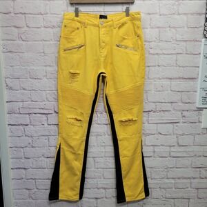 NEW Boohooman Yellow Biker‎ Jeans Mens 34 Distressed Moto Y2K Streetwear Grunge